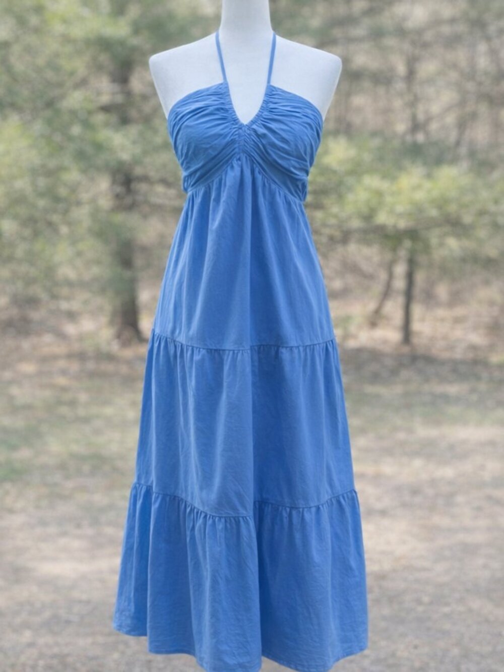 Blue Halter Maxi Dress Tiered Sundress Summer Resort Style Breezy Boho NWOT